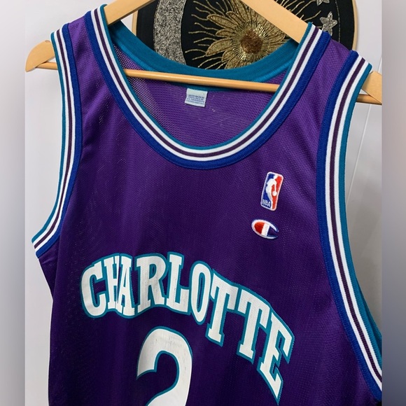 Vintage Champion Charlotte Hornets 2 L Larry Johnson NBA Basketball Jersey 44 - Picture 3 of 11